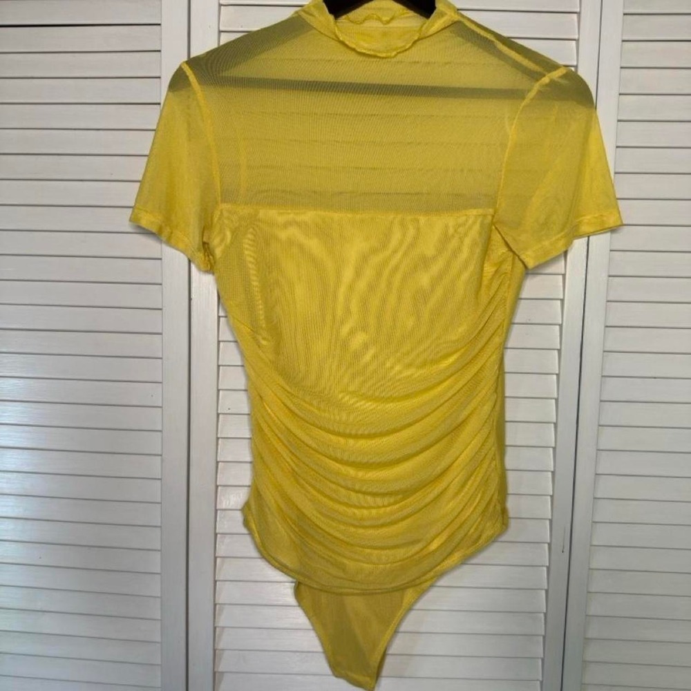 Yellow Mesh Panel Bodysuit Women's M Ruched Lettuce Trim Thong Y2K Feminine